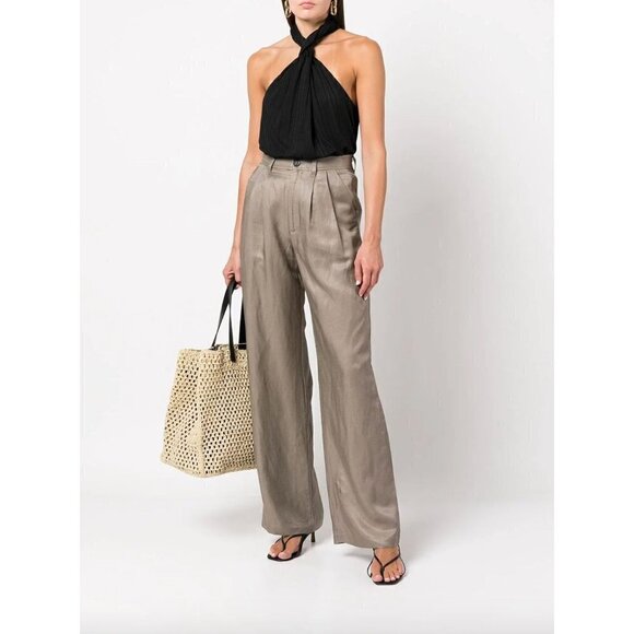 Anine Bing Carrie Khaki High Rise Wide Leg Trouser Pants Green Womens 36 Small - Picture 1 of 16